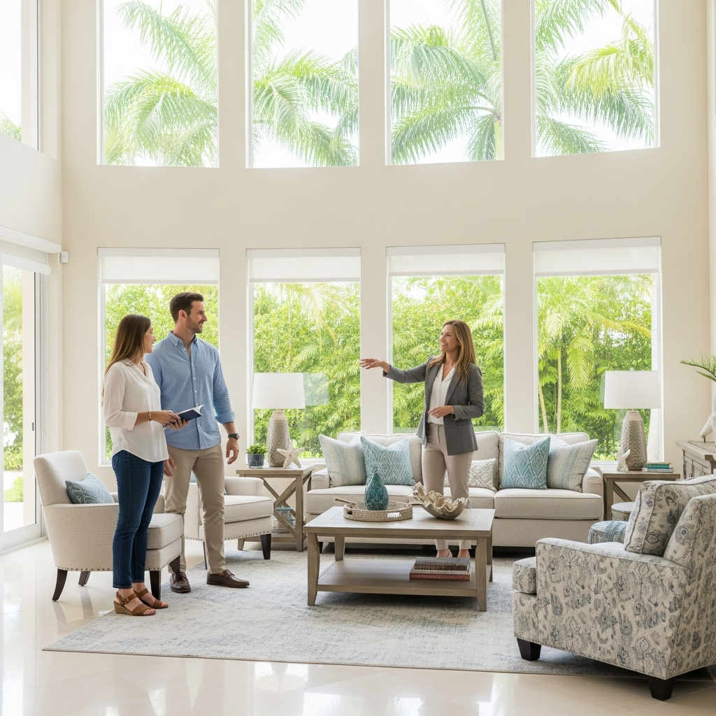 Happy couple touring a bright beautiful South Florida home with their real estate agent, open living room with tall windows, natural light, professional and warm atmosphere, photorealistic lifestyle photography