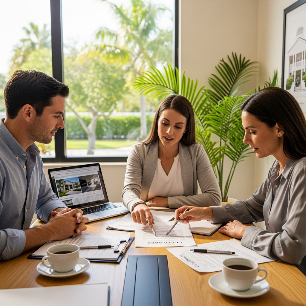Real estate agent reviewing contract documents with buyer clients at a table, professional setting, South Florida real estate office, warm natural light, collaborative and trustworthy atmosphere, photorealistic lifestyle photography