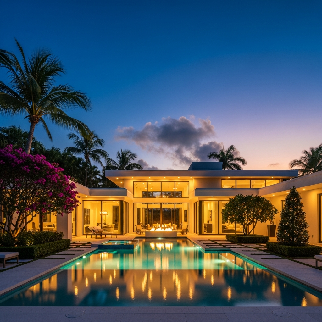 Luxury South Florida home exterior at twilight, illuminated pool deck reflecting warm light, modern architecture with floor-to-ceiling windows, lush tropical landscaping, dramatic sky transitioning from deep navy to amber, photorealistic, high-end real estate photography