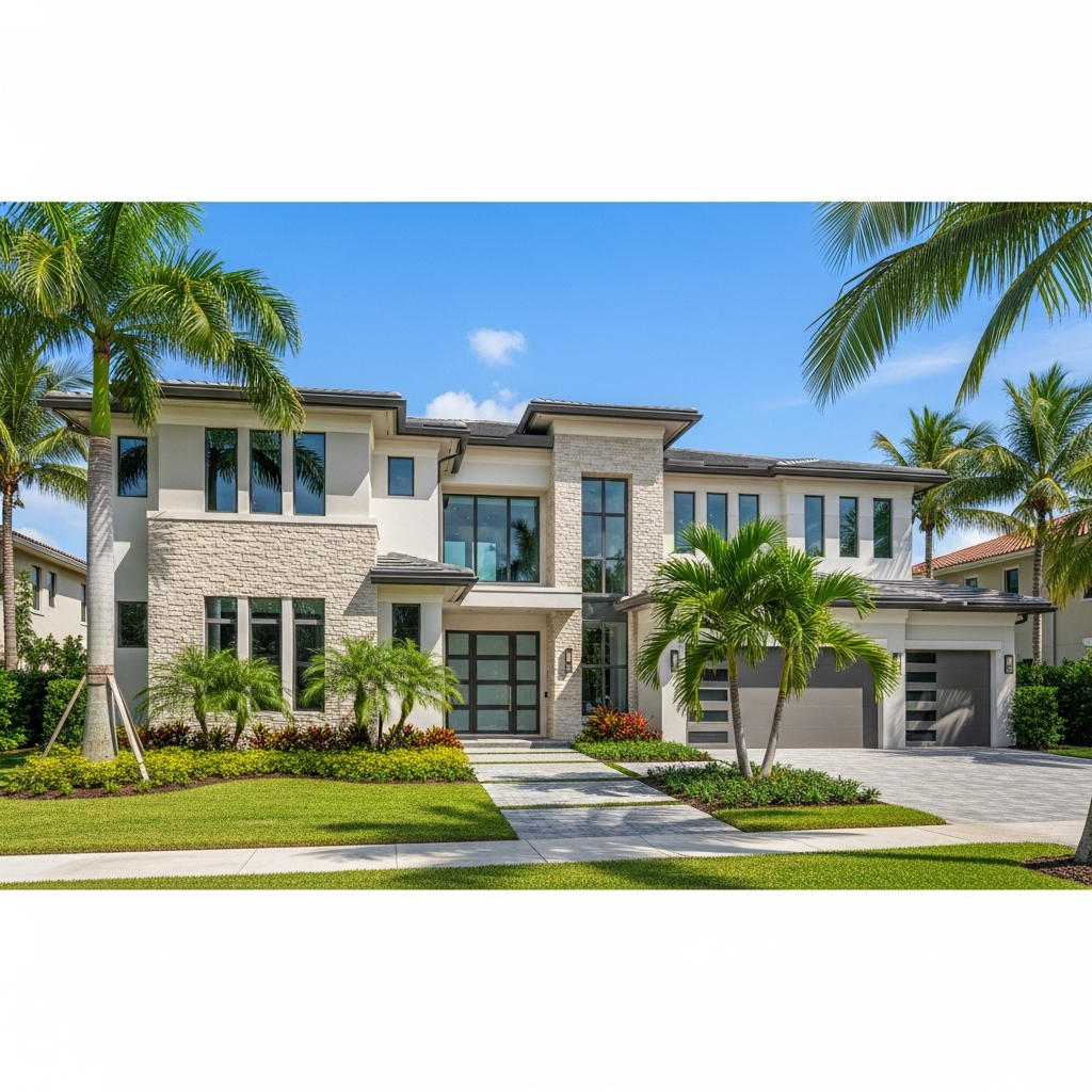 Luxury Fort Lauderdale residential home, two-story modern architecture, beautiful curb appeal, clear blue Florida sky, professional real estate listing photo