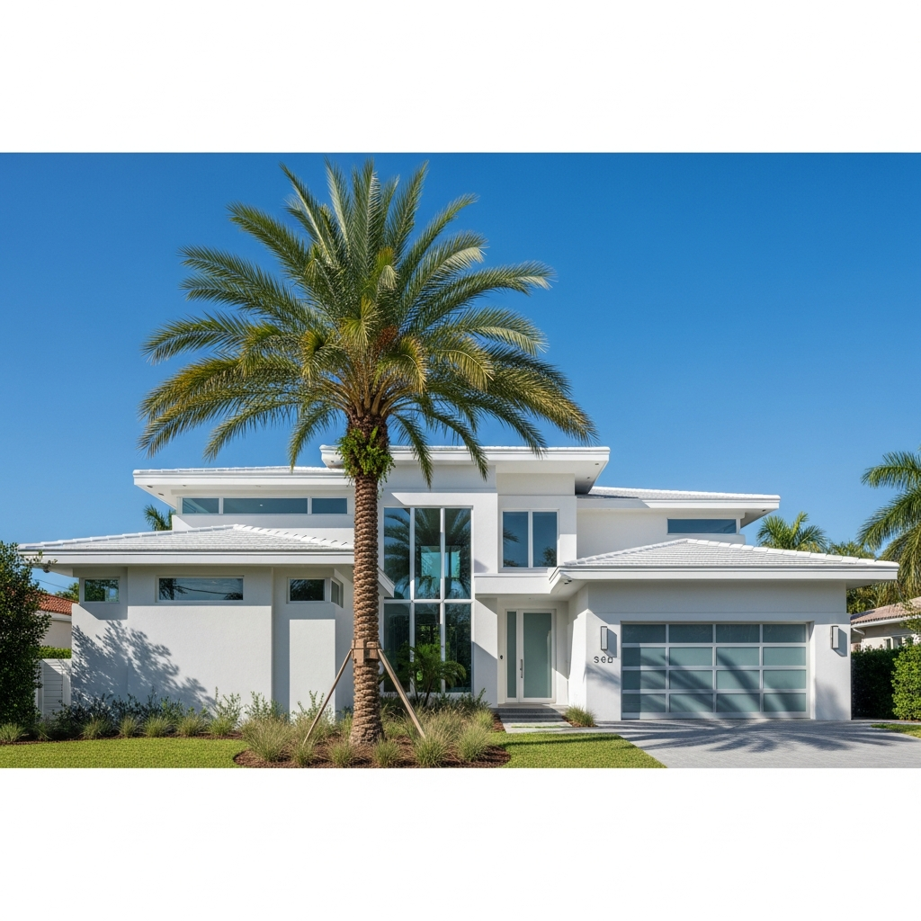 Modern South Florida residential home, clean contemporary exterior, two-car garage, palm tree in yard, bright sunny day, professional listing photography