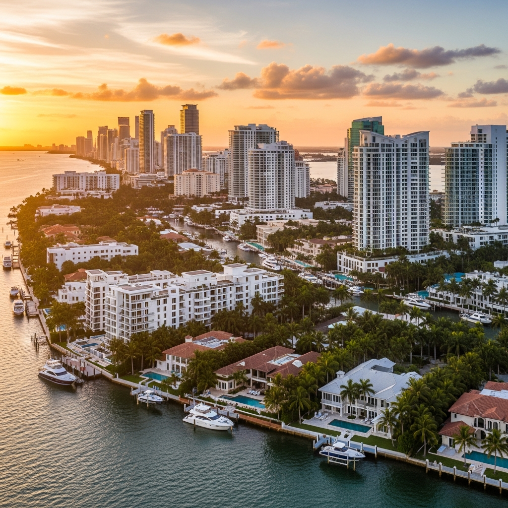 Aerial view of South Florida coastal skyline at golden hour, Miami or Fort Lauderdale, luxury waterfront properties, palm tree canopy, warm sunset sky, cinematic real estate market establishing shot