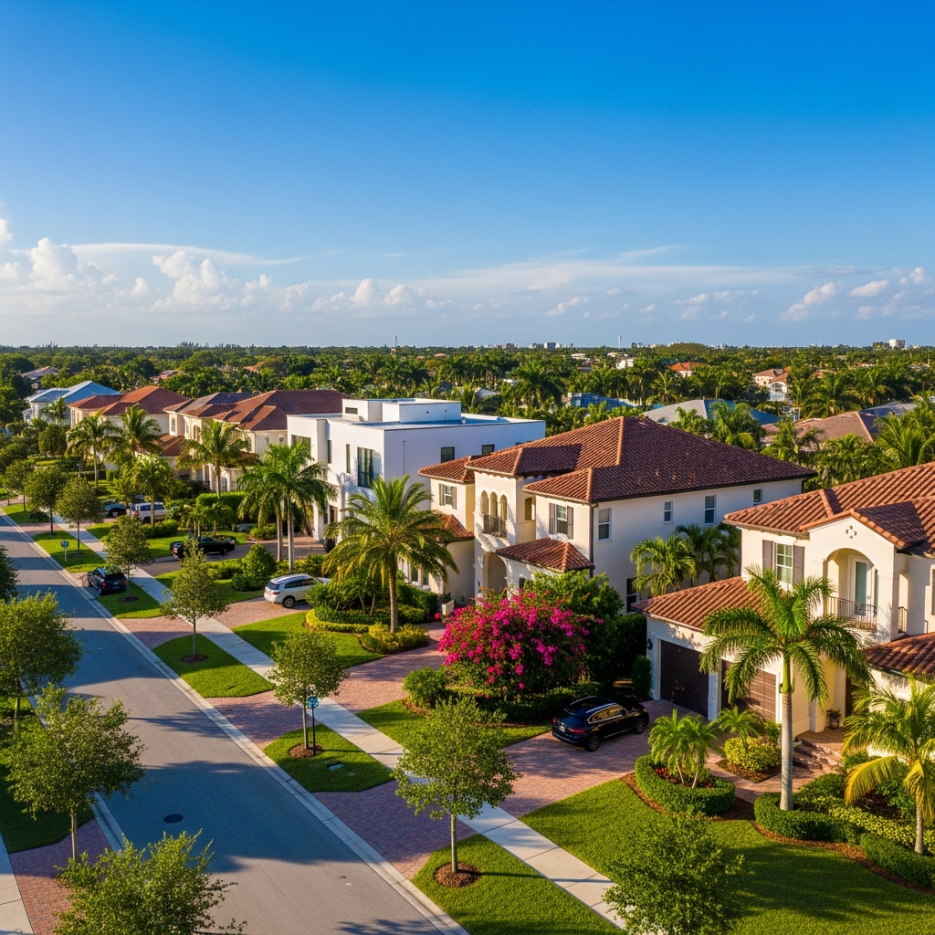 Beautiful South Florida residential neighborhood, tree-lined street, mix of modern and classic homes, clear blue sky, lush tropical vegetation, warm afternoon light, aerial or street-level perspective