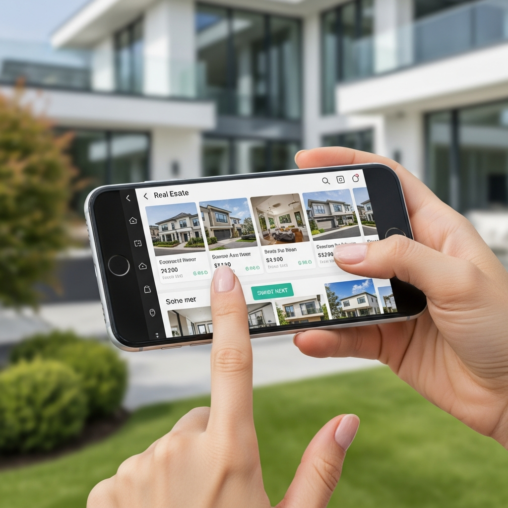 Close-up of hands using a smartphone showing a real estate search app, property listings on screen, modern home in background, clean and professional lifestyle technology photo
