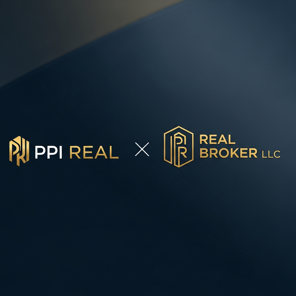 PPI Real logo, Real Broker LLC brokerage badge, navy and gold, professional real estate brand mark