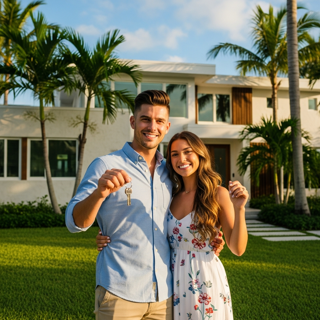 Young couple standing in front of a bright modern South Florida home, smiling and holding keys, sunny day, lush palm trees, warm golden hour light, photorealistic lifestyle real estate photography, optimistic mood