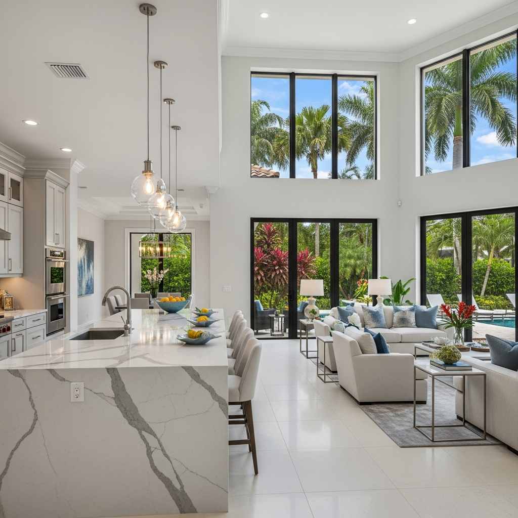Elegant luxury home interior staged for sale, open floor plan, marble countertops, natural light flooding through tall windows, tropical garden view outside, South Florida real estate, aspirational and polished, photorealistic
